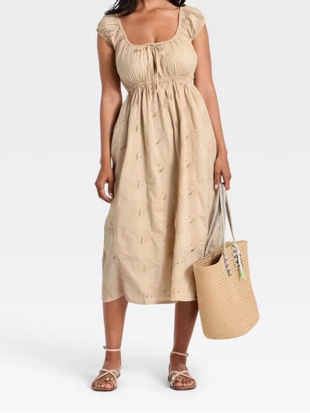 Neutral Beige Eyelet Midi Dress with Scoop Neck and Puff Sleeves